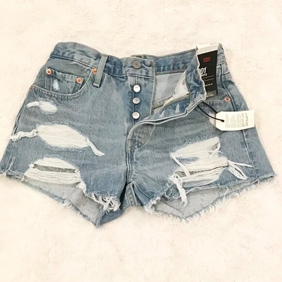 Levi’s 501 NWT 25 (0/1) Denim Women’s Jeans Shorts High Rise Cutoffs Distressed - Picture 3 of 10